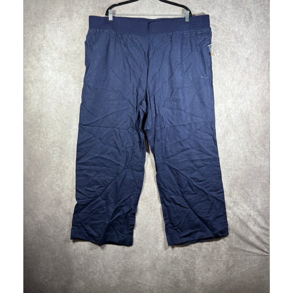 Soft Surroundings Pants Women 3X Navy Blue Wide Leg Linen Elastic Waist Coastal